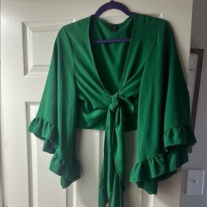 Green Tie-Front Ruffle Sleeve Top